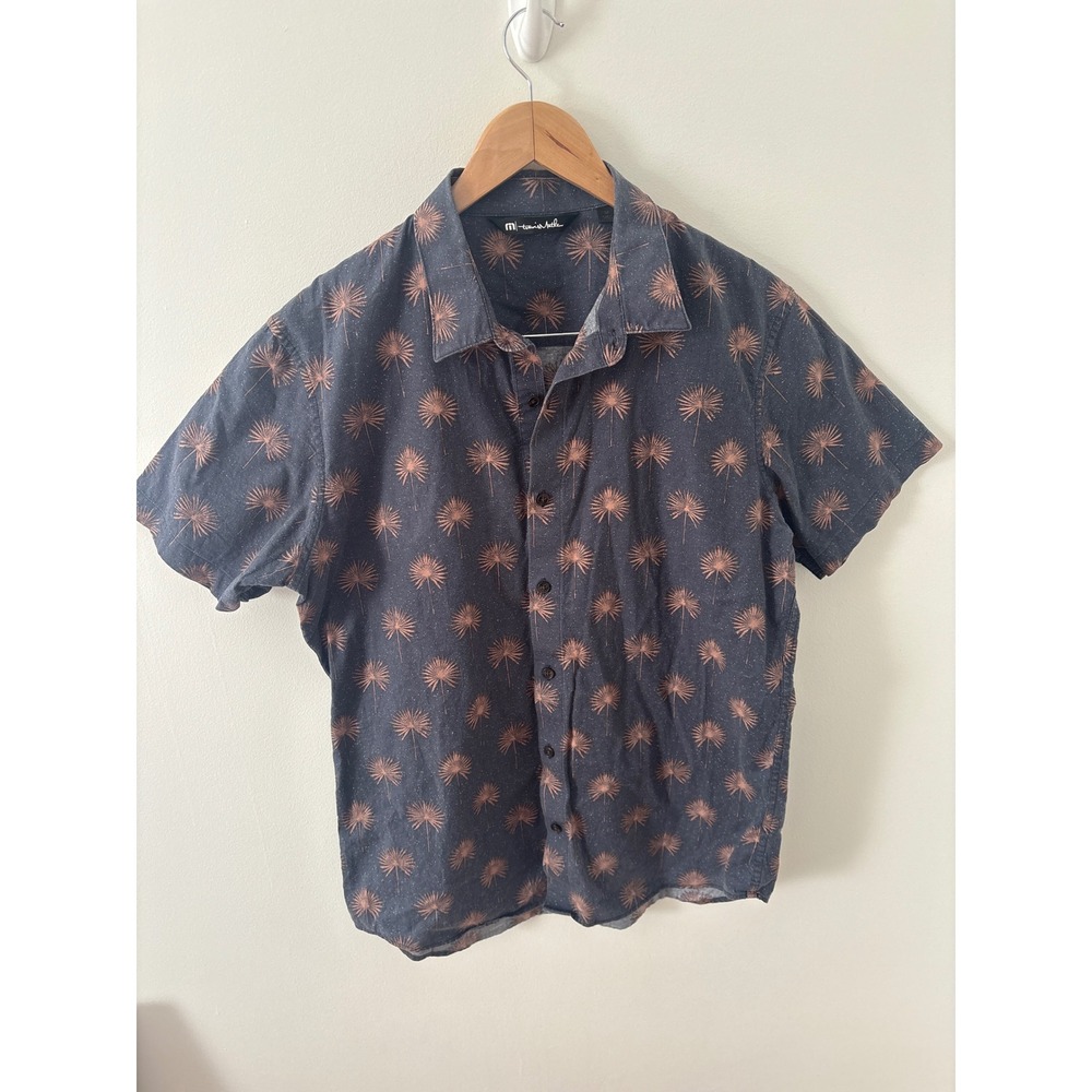 Travis Mathew Mens Short Sleeve Button Up Shirt Palm Leaf Print Blue Size M